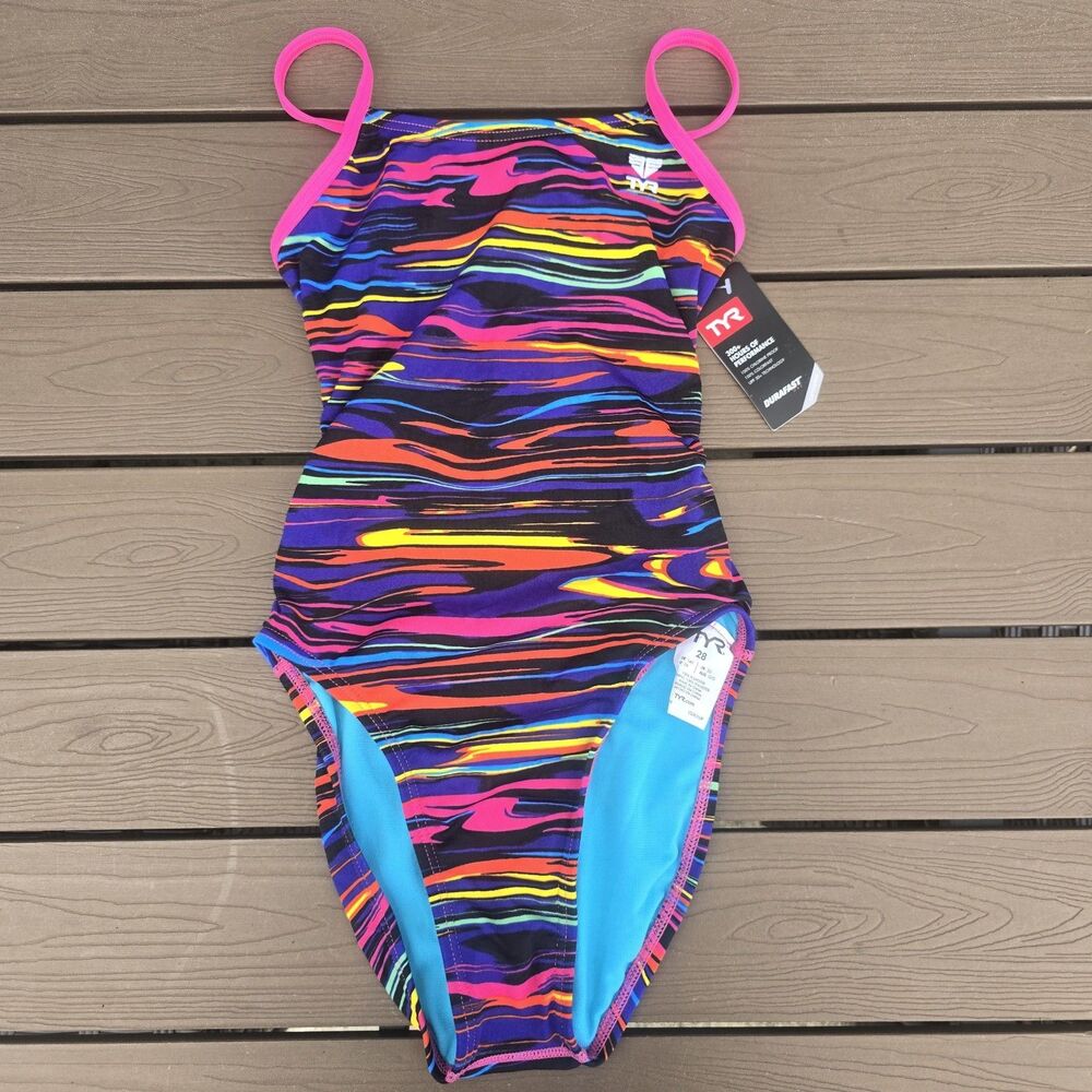 TYR Women's Durafast Fresno Pink/purple Cutoutfit One Piece Swimsuit Sz 28 New